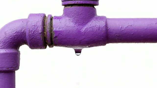 Purple pipe leak dripping in slow motion showing water drop formation