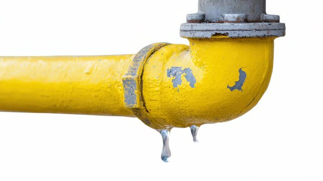 Leaking yellow pipe dripping water continuously against white background