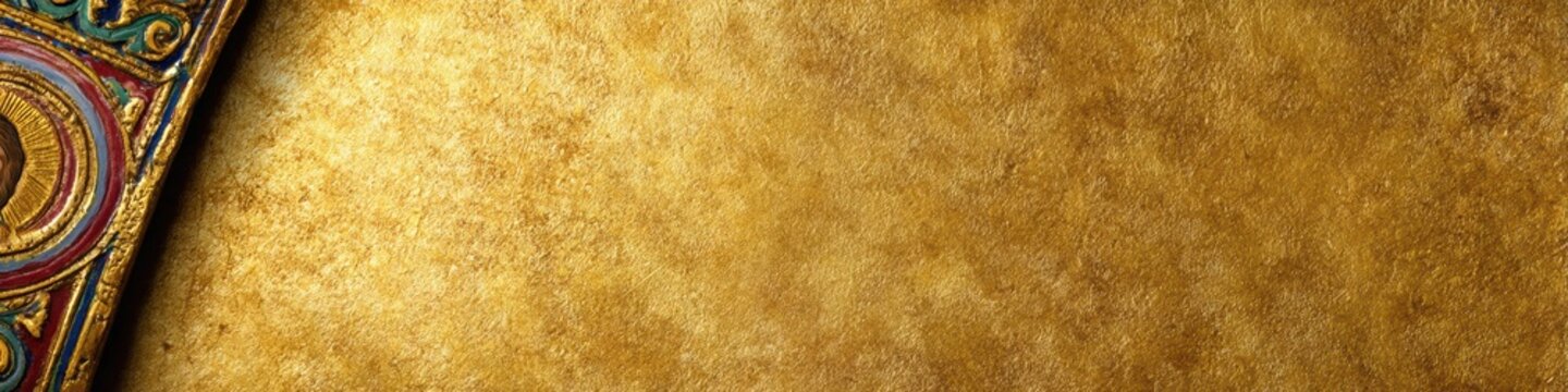 byzantine icon banner, a luxurious, wide web banner featuring a detailed hand-painted resurrection icon with gold leaf halos on a hammered gold background