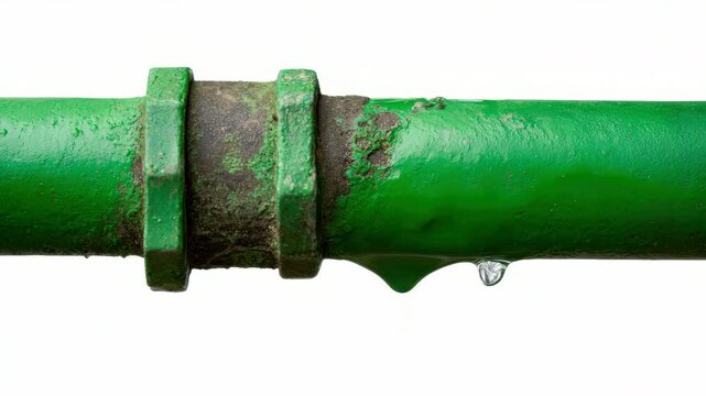 Green pipe leakage: water droplets forming and dripping from rusty pipe