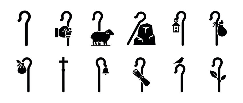 Twelve black silhouette icons of shepherd's crooks, each featuring distinct symbolic elements such as a sheep, hand, lantern, scroll, or cross, rendered in a clean graphic style