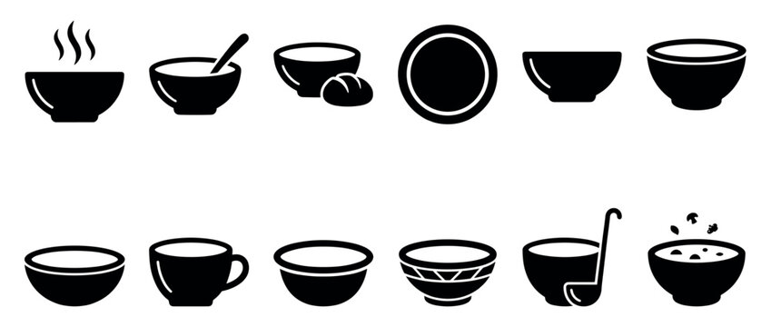Collection of black silhouette kitchenware icons featuring various bowls, plates, and food items in a clean, graphic, flat design style