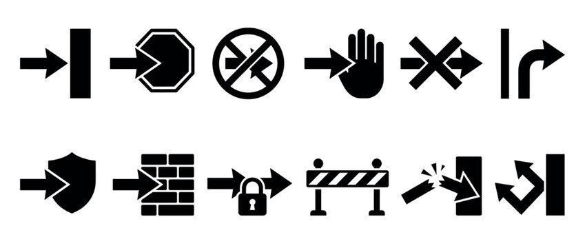 Black silhouette arrow icons depict various obstacles, protection, and redirection concepts in a clean, graphic, and symbolic vector illustration style