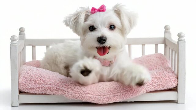 Playful maltese puppy joyfully wags tail on pink cushion bed