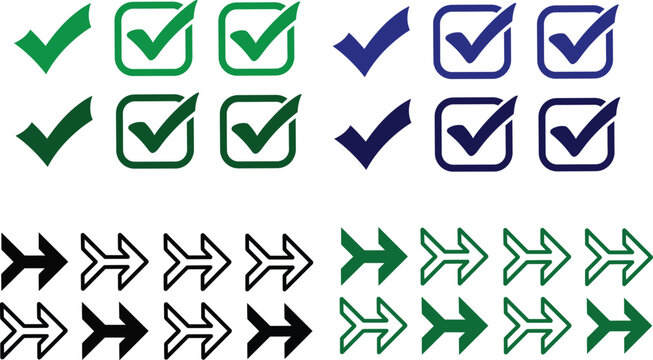 Check Mark and Arrow Icon Vector Set with Green Success Tick and Directional Pointer for UI Design