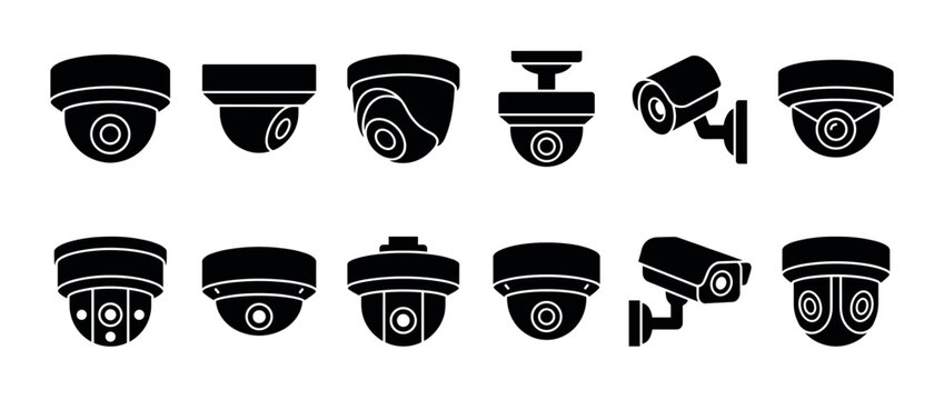 Twelve black silhouette security camera icons are arranged in a grid, showcasing various dome and bullet camera designs in a clean, graphic style