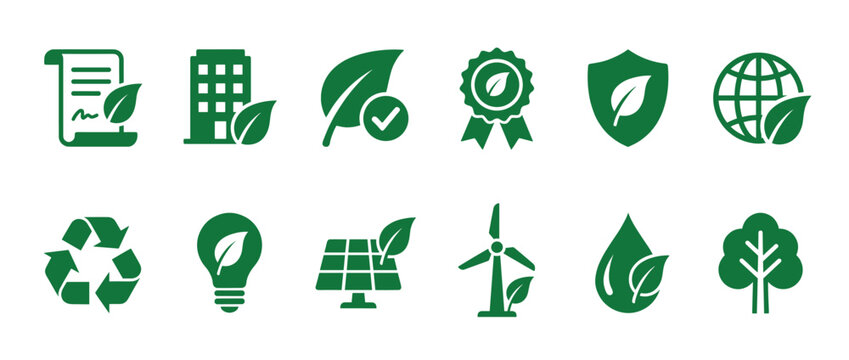Twelve green ecology and sustainability vector icons representing environmental protection, renewable energy, recycling, and nature in a clean, modern flat design