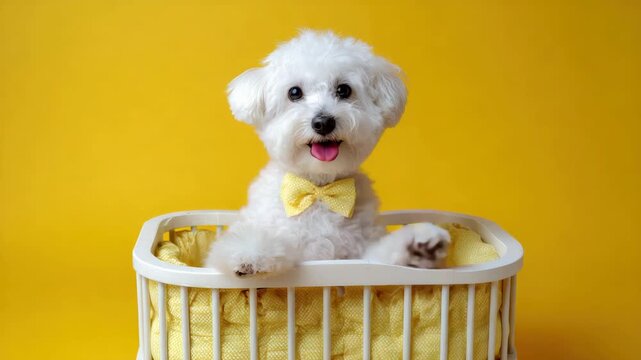 Playful bichon frise waves in basket against bright yellow backdrop