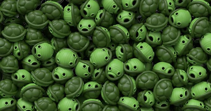 3D turtle shell transition animation with multiple stylized shells sweeping across the screen. Ideal for nature themed edits, playful visuals, and motion graphics. 4K UHD with alpha channel.