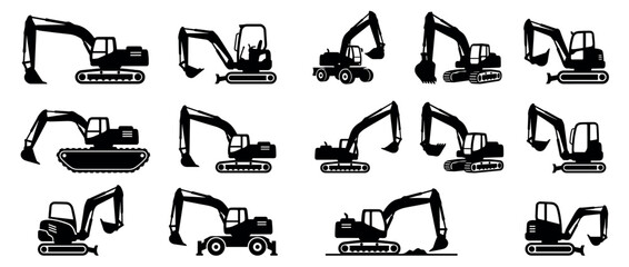 Collection of various black silhouette excavator icons depicting different types of heavy construction machinery in a flat, graphic style © David