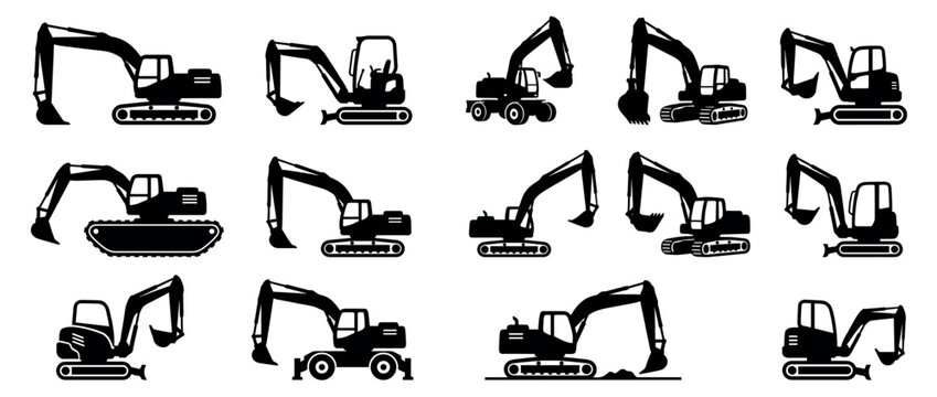 Collection of various black silhouette excavator icons depicting different types of heavy construction machinery in a flat, graphic style