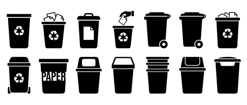 Collection of black silhouette recycling and trash bin icons, featuring various styles, symbols, and waste disposal actions in a clean, graphic design