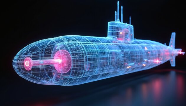 Detailed blueprint 3D model of futuristic submarine, glowing with blue and pink lights. Complex internal structure visible, showcasing advanced engineering and underwater technology design.
