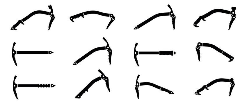 Collection of black silhouette ice axes and ice picks, showcasing various designs of essential mountaineering tools in a clear, graphic vector style