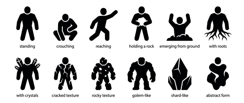 Twelve black silhouette icons depict human-like figures and abstract forms in diverse states, including standing, crouching, and golem-like, presented in a clean, minimalist vector art style