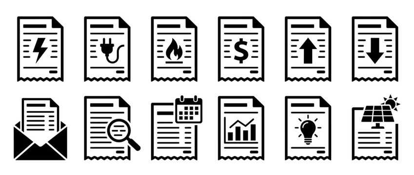 Collection of black and white utility bill icons, each featuring symbols for electricity, gas, finance, and energy management, presented in a clean, graphic style