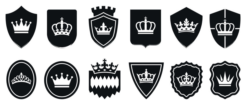 Collection of twelve black and white crown and shield icons, featuring various heraldic shapes and regal crown designs in a graphic vector style