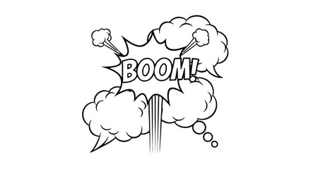 Comic book explosion illustration with boom text and dynamic cloud shapes © Ferdous_Studio
