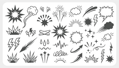 Comic Speed Line and Explosion Effect Doodle Set with Boom Bursts and Motion Lines in Cartoon Style. Vector Illustration. © Kingko