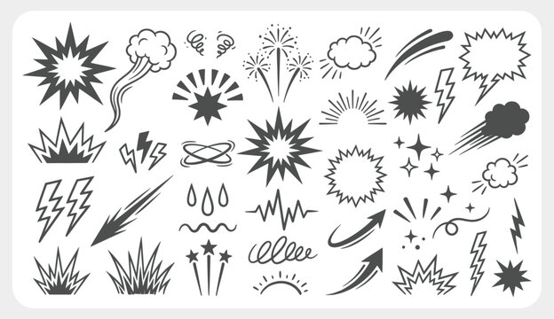 Comic Speed Line and Explosion Effect Doodle Set with Boom Bursts and Motion Lines in Cartoon Style. Vector Illustration.
