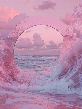 A unique circular frame reveals dreamy ocean waves at sunset, blending soft pink hues with the rhythm of the sea, creating a surreal and captivating visual experience for the viewer.
