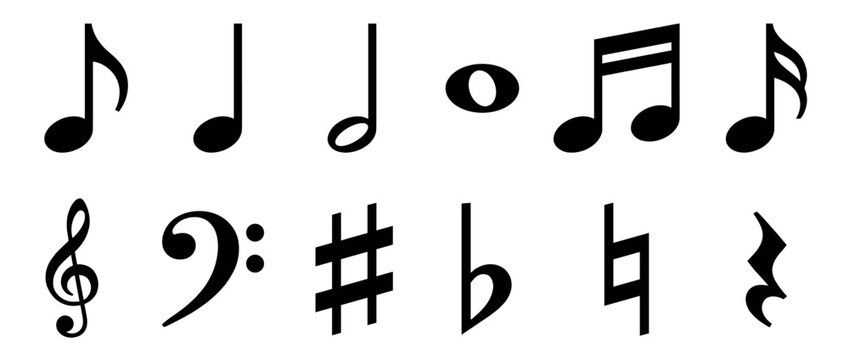 Various black musical symbols including notes, clefs, and accidentals are neatly arranged in a clean, graphic style, representing fundamental elements of music notation