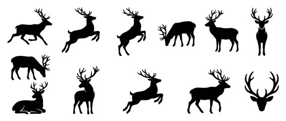 Naklejka premium Multiple black deer silhouettes with large antlers are depicted in various dynamic and static poses, creating a graphic collection of wildlife