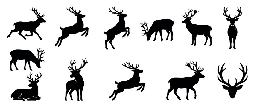 Multiple black deer silhouettes with large antlers are depicted in various dynamic and static poses, creating a graphic collection of wildlife