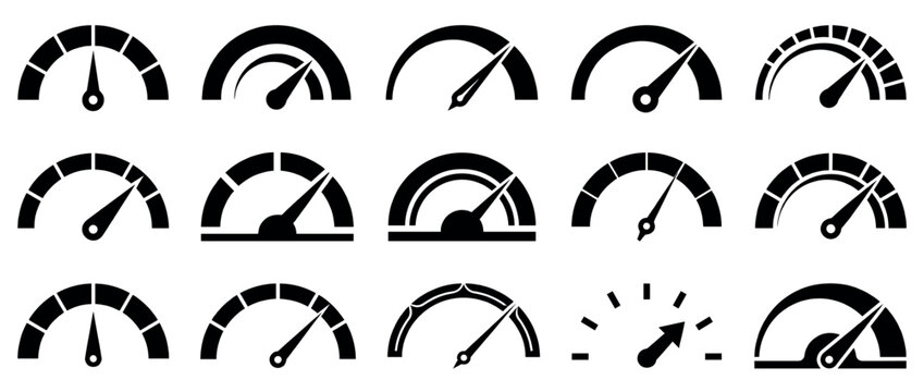 Fifteen black silhouette speedometer gauge icons with various designs illustrating different levels of measurement in a clean graphic style