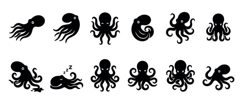 Collection of black octopus silhouettes in various poses, showcasing different moods and iconic styles with detailed tentacles and expressive eyes