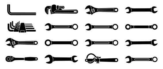 Fototapeta premium Various black silhouette hand tools and wrenches, including adjustable, pipe, combination, and hex keys, presented in a clean, graphic style