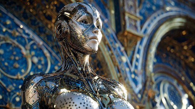 A futuristic robot stands in a grand, ornate room with blue and gold decorations.