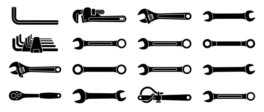 Various black silhouette hand tools and wrenches, including adjustable, pipe, combination, and hex keys, presented in a clean, graphic style