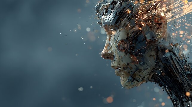 A futuristic robotic face disintegrating into digital particles and circuits in a dark background