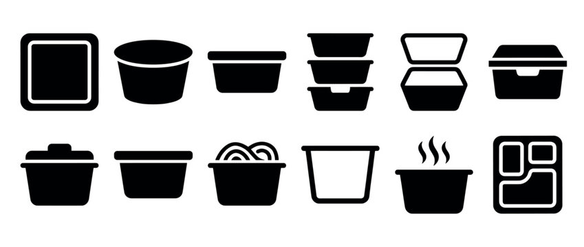 Various black silhouette graphic food containers icons, including takeout boxes, bowls, and trays, presented in a clean, modern, and illustrative style