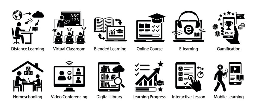Comprehensive collection of modern education technology icons, depicting various digital learning methods and academic progress in a flat graphic style