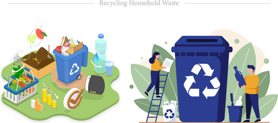 Obraz premium Recycling Household Waste Flat Vector Isometric Waste Management Composting Illustration
