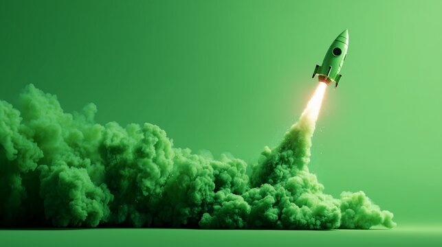 Rocket launching with green smoke as growth and startup success concept