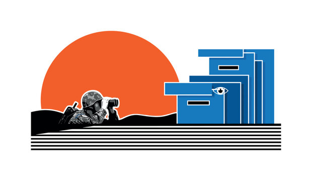 Black and white soldier peeking carefully above trench edge with binoculars, large orange semi-circle framing the upper space, blue geometric rectangles