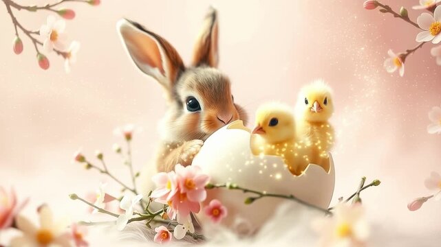 Easter bunny and Easter chicks in eggshells