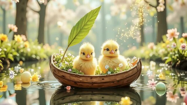 Easter chicks float in a nutshell boat decorated with violets. Flowers surround them, colorful Easter eggs float, and gold flakes.
