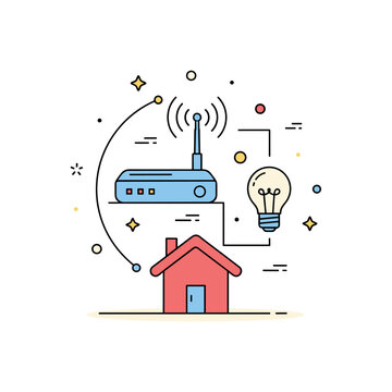 Smart home DIY setup compact router and smart bulb connected by thin signal lines around a house symbol. A modern concept badge about upgrading technology and