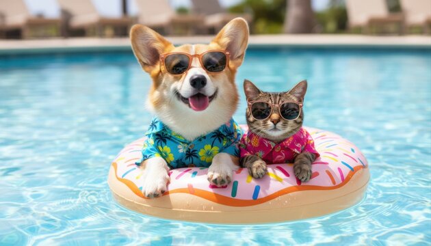 A cute Corgi dog and a tabby cat wear Hawaiian shirts and sunglasses while floating on a donut ring in a sunny swimming pool.