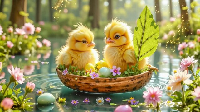 Easter chicks float in a nutshell boat decorated with violets. Flowers surround them, colorful Easter eggs float, and gold flakes.