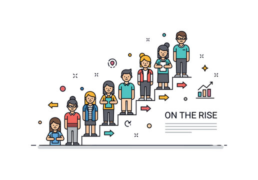 Emerging talent concept illustrated through a group of young individuals arranged in ascending steps forming a dynamic composition. Small arrow icons and a