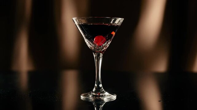 Cinematic close-up of a Black Manhattan cocktail in a crystal glass,