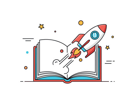 Book rocket imagination concept featuring an open book transforming into a small rocket with subtle flame accents, expressing the power of reading to launch