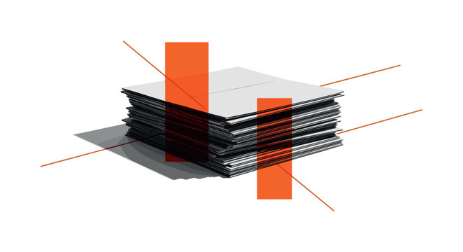 Black and white stack of flattened cardboard boxes ready for recycling, intersected by bold orange abstract blocks and thin diagonal lines creating dynamic