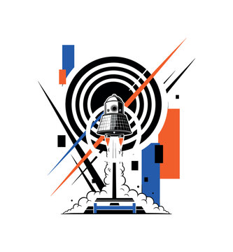 Black and white retro-style space capsule launching from a geometric launch pad, oversized concentric circular halos behind symbolizing ignition power, sharp