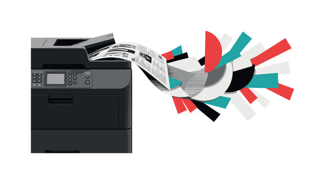 Black and white printer releasing sheets that morph into geometric shapes and flat color blocks, semicircles radiating to imply productivity flow, layered